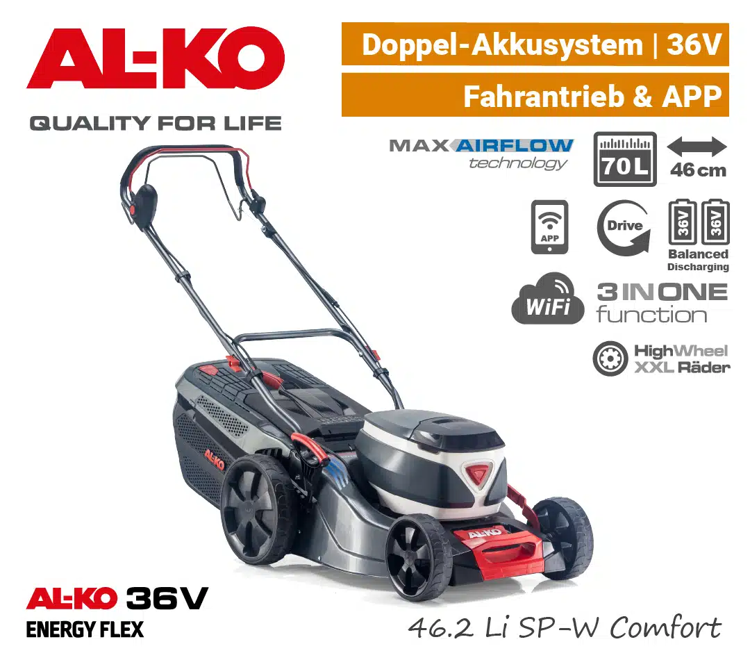 ALKO 46.2 Li SP W 36V Akku-Rasenmäher mit Fahr-Antrieb ALKO 46.2 Li SP W Akku-Rasenmäher 36V EnergyFlex 40V Antrieb Selbstfahrer 3-in-1 EU9