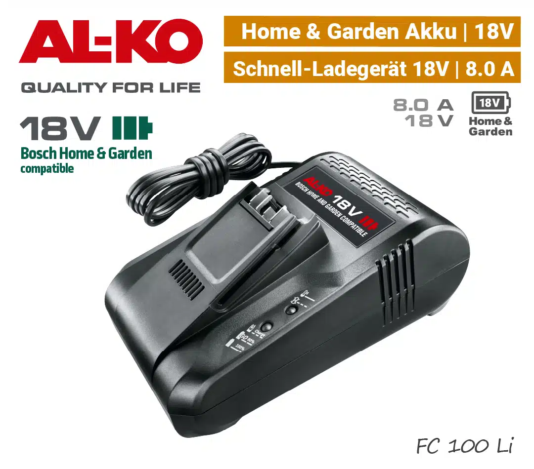 ALKO FC 100 Li Schnell-Ladegerät 18V 8A ALKO FC 100 Li Schnell-Ladegerät Akku 8A 18V Bosch Home & Garden 18 V power-for-all AL-KO EU9