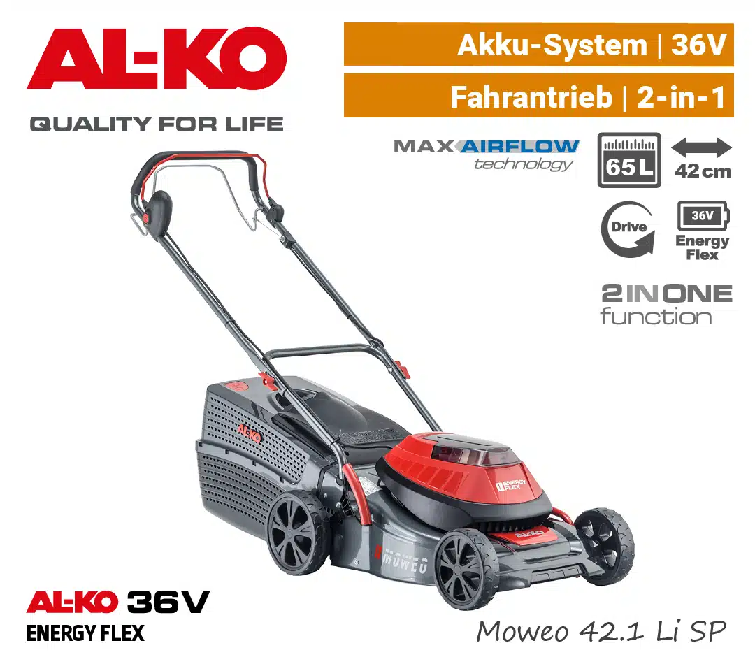 ALKO Moweo 42.1 Li SP Akku-Rasenmäher 36V ALKO Moweo 42.1 Li SP Akku-Rasenmäher 36V EnergyFlex 40V Antrieb selbstfahrer 2-in-1 EU9
