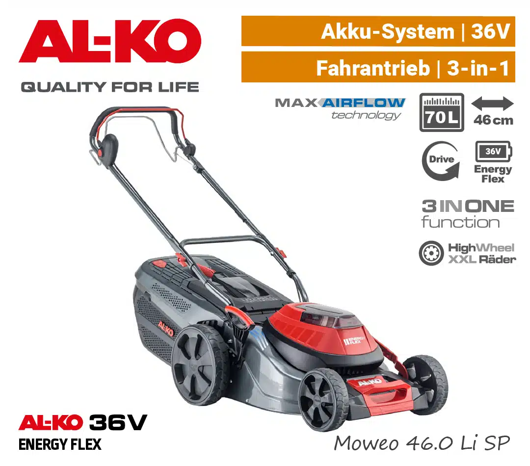 ALKO Moweo 46.0 Li SP Akku-Rasenmäher 36V ALKO Moweo 46.0 Li SP Akku-Rasenmäher 36V EnergyFlex 40V Antrieb selbstfahrer 3-in-1 EU9