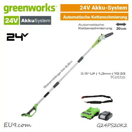 Greenworks 24V Akku-Hochentaster G24PS20K2 Baumsäge Teleskopsäge EU9