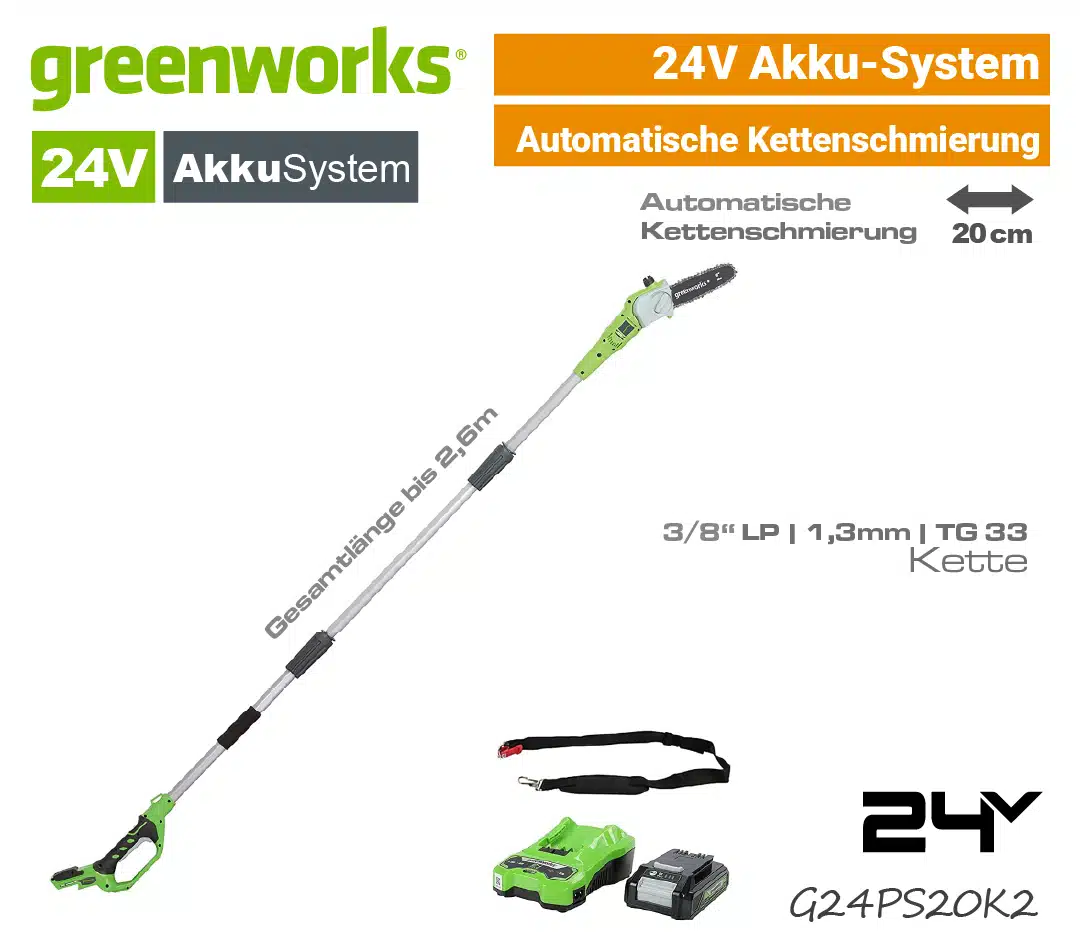 Greenworks 24V Akku-Hochentaster G24PS20K2 Baumsäge Teleskopsäge EU9
