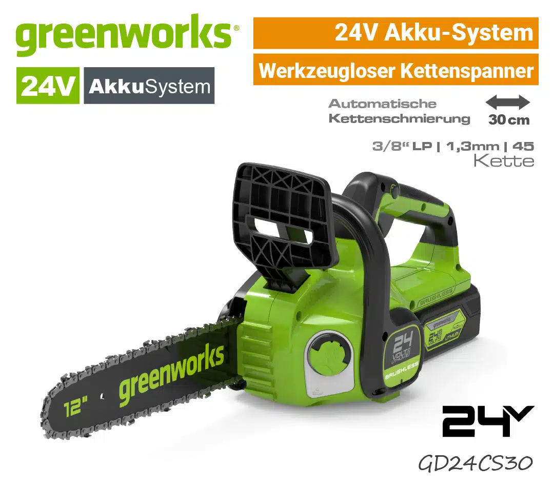 Greenworks 24V Akku-Kettensäge GD24CS30 Greenworks 24V Akku-Kettensäge GD24CS30 GD24CS30K2 Motorsäge EU9
