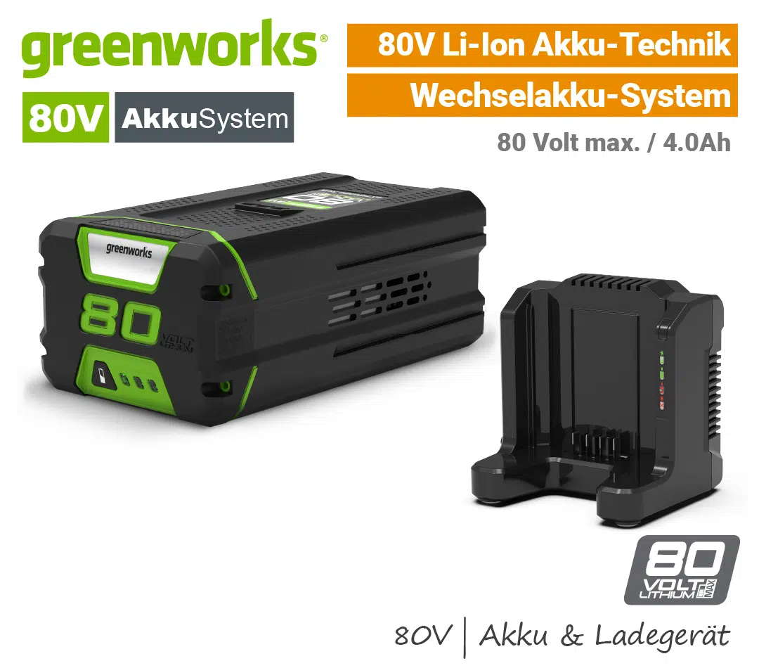 Greenworks 80V Akku 4 Ah & Ladegerät 2A Greenworks 80V Akku 4 Ah & Ladegerät 80 Volt EU9