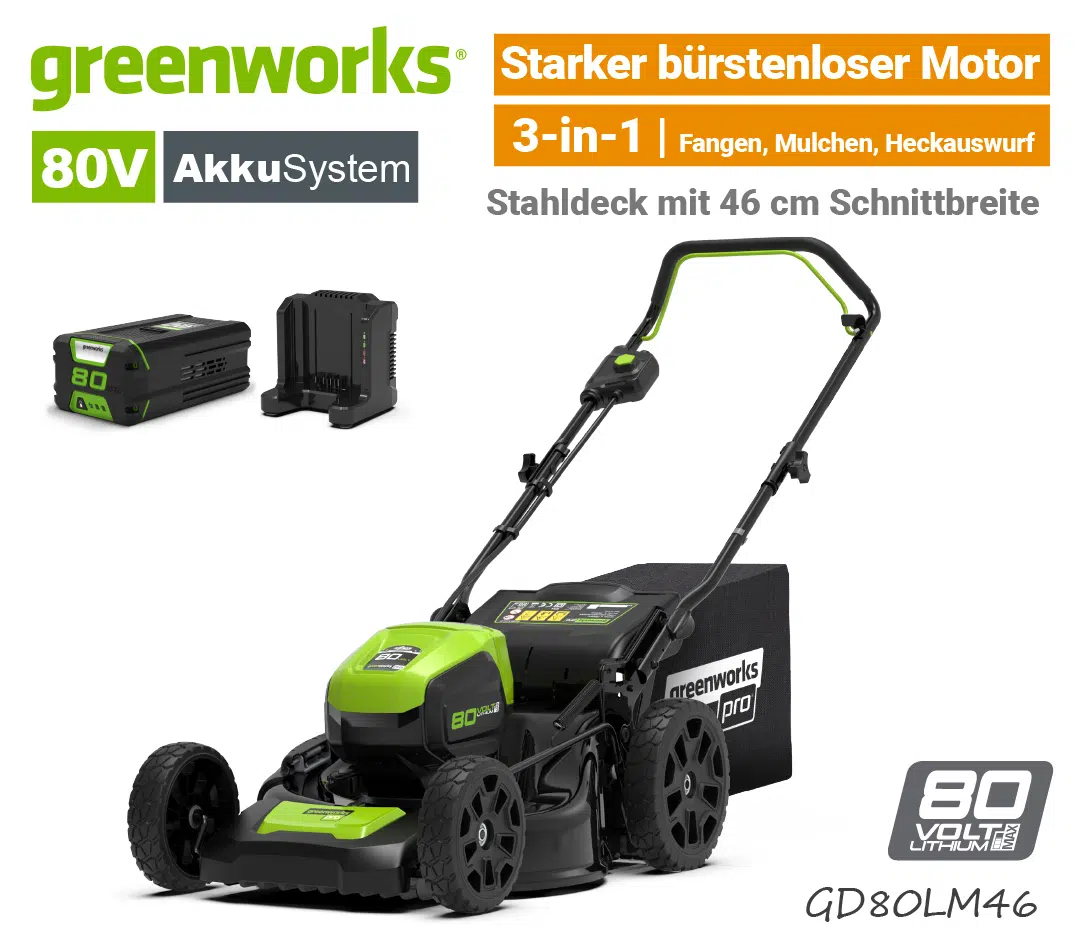 Greenworks 80V GD80LM46 Akku-Rasenmäher SET Greenworks 80V GD80LM46 Akku-Rasenmäher 80 Volt 46 cm Akku SET EU9