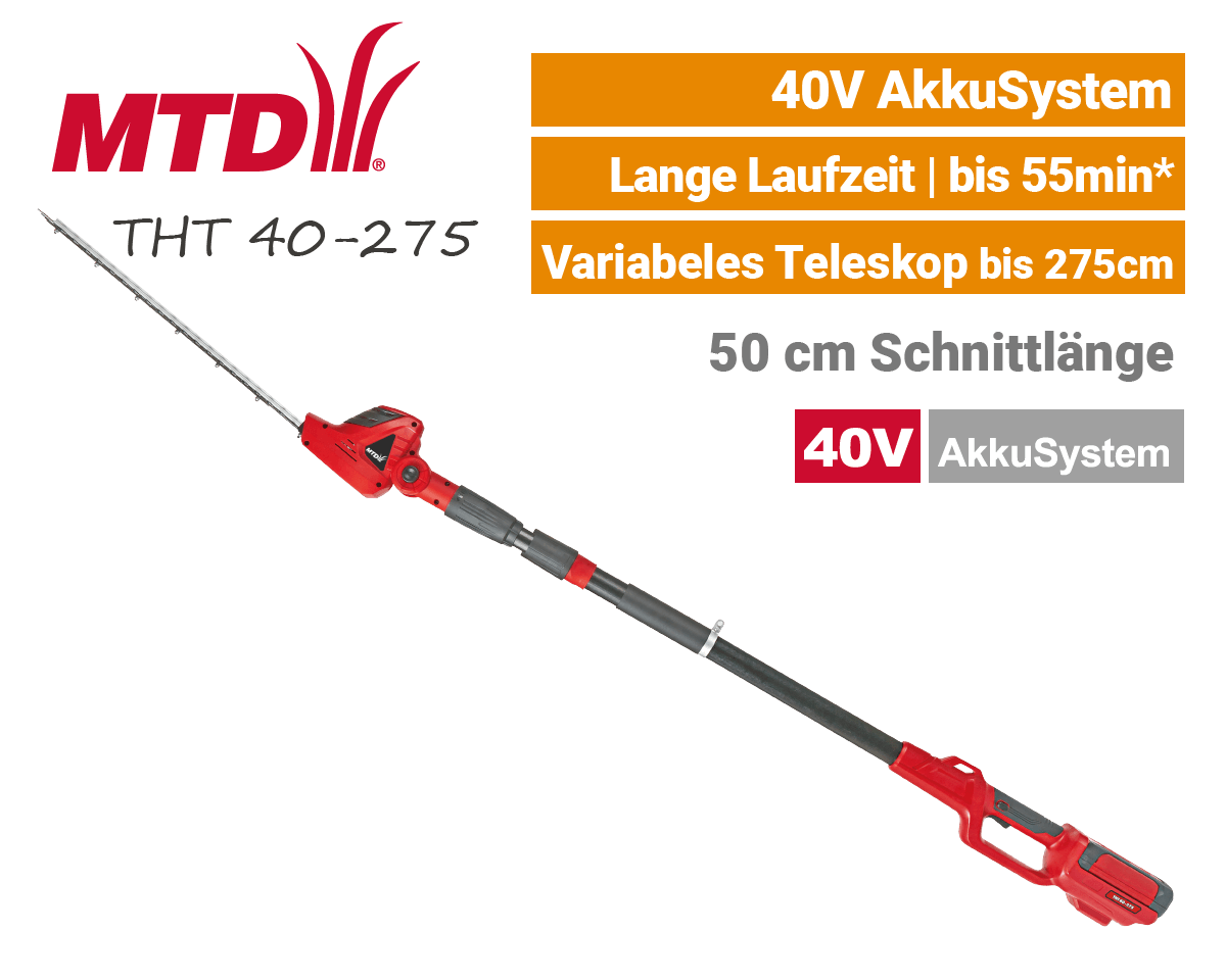 MTD THT40-275 40V Akku-Teleskop-Heckenschere MTD THT 40-275 40V Akku-Teleskop-Heckenschere 40 Volt EU9
