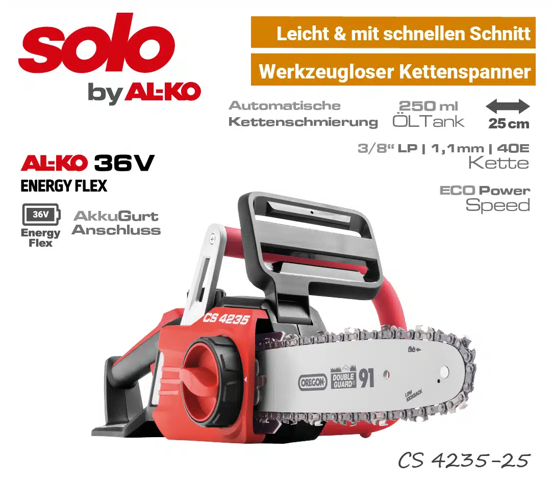 SOLO CS 4235-25 Akku-Kettensäge SOLO ALKO CS 4235-25 Akku-Motorsäge 36V EnergyFlex 40V Akku-Kettensäge EU9