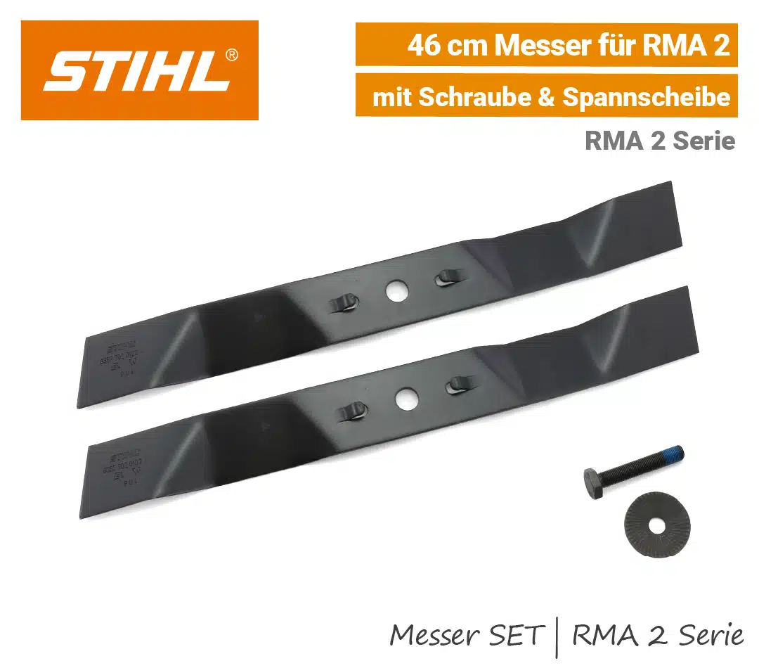 STIHL Messer SET 46 cm Mulchmesser RMA 2 STIHL Messer SET 46 cm Mulchmesser Messerschraube RMA 2 2.1 2.0 Akku-Rasenmäher EU9
