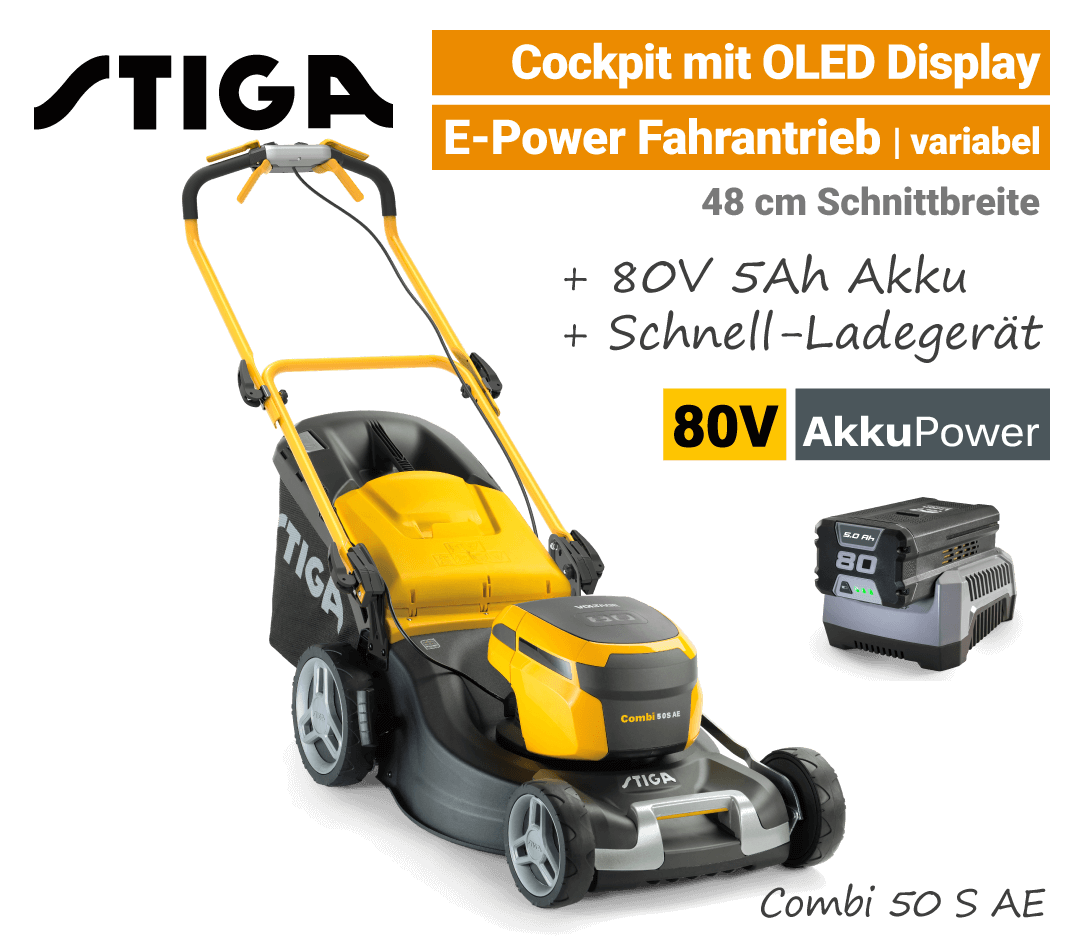 Stiga Combi 50 S AE 80V mit Radantrieb Stiga Combi 50 S AE OLED Display 80V Akku-Rasenmäher Rad Antrieb 80 Volt EU9
