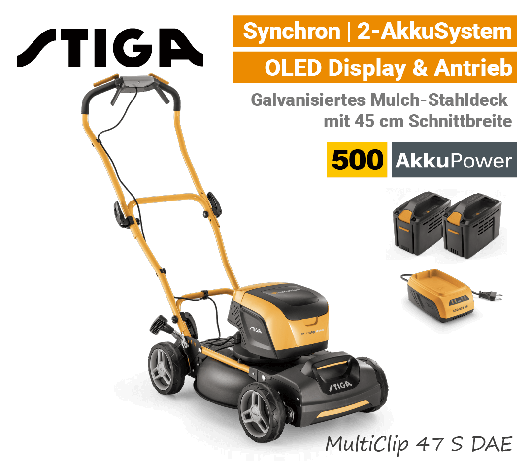 Stiga MultiClip 47 S DAE Mulchmäher Stiga MultiClip 47 S DAE Akku-Rasenmäher-Mulchmäher Antrieb Synchron 500 EU9