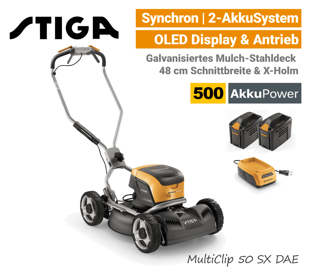 Stiga MultiClip 50 SX DAE Mulchmäher mit Radantrieb Stiga MultiClip 50 SX DAE Akku-Rasenmäher-Mulchmäher Radantrieb Synchron 500 EU9