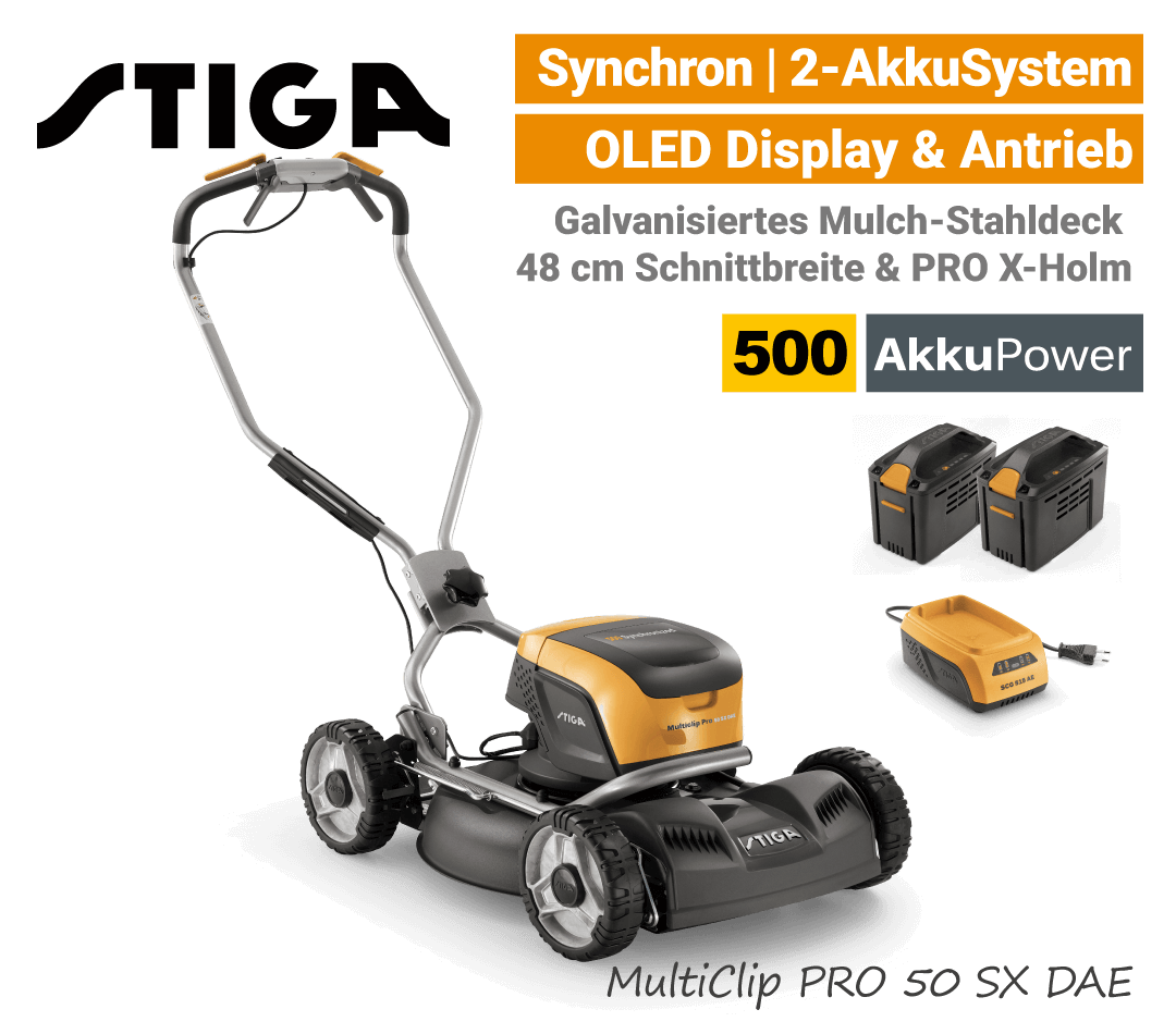 Stiga MultiClip PRO 50 SX DAE Mulchmäher Stiga MultiClip PRO 50 SX DAE Akku-Rasenmäher-Mulchmäher Radantrieb Synchron 500 EU9