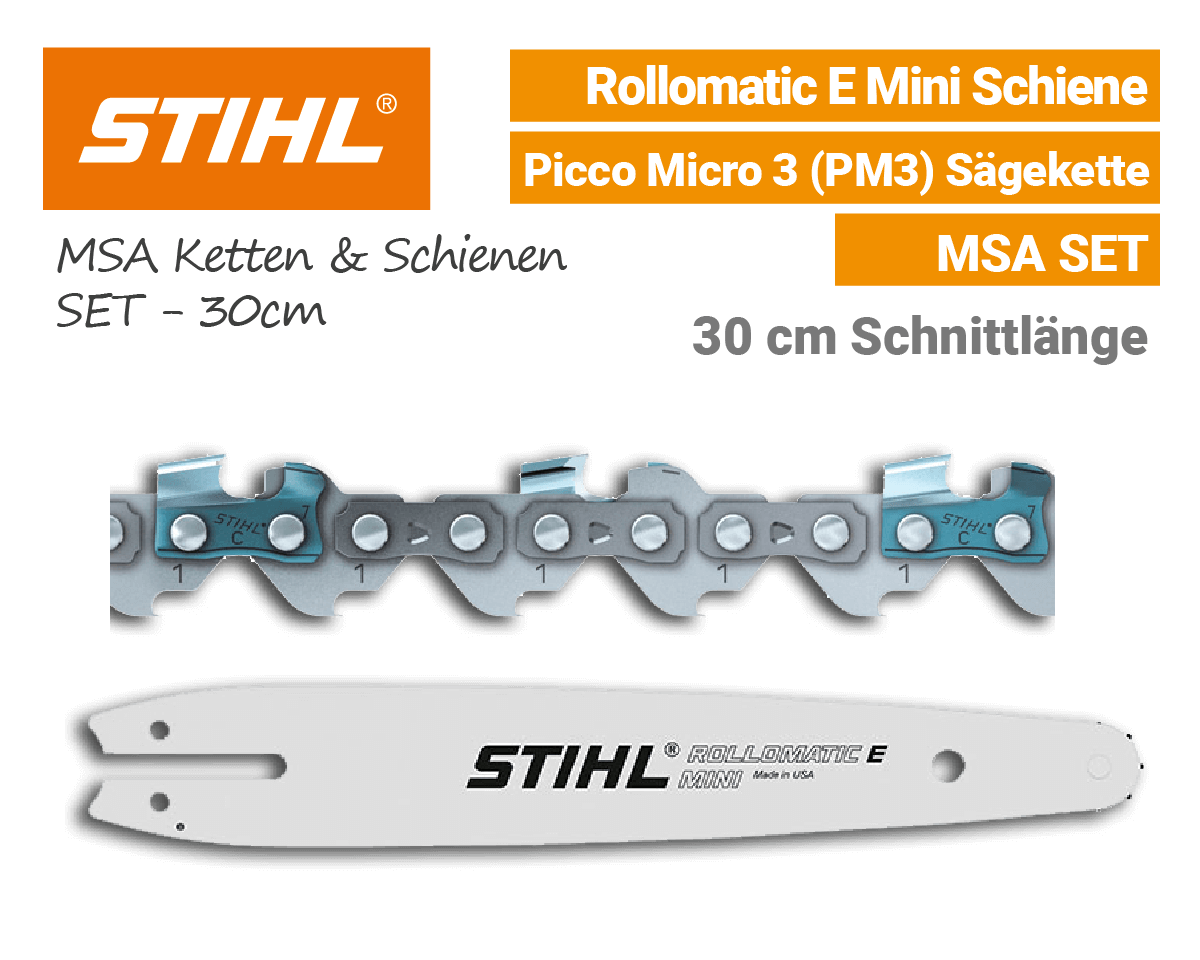Stihl Rollomatic E-Mini 1/4 P Schiene - Picco Micro 3 PM3 1/4 1,1mm Kette 30cm MSA SET Stihl Rollomatic E-Mini 1/4 P Schiene - Picco Micro 3 PM3 1/4 1,1mm Kette 30cm MSA Schwert-Ketten SET EU9